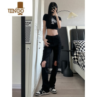 YANXU9002UP高街微喇叭黑色破洞牛仔裤美式hiphop垂坠感显瘦裤子男潮牌