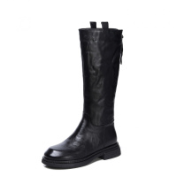 头层牛皮骑士靴女冬季新款复古百搭显瘦粗跟后拉链高筒机车靴