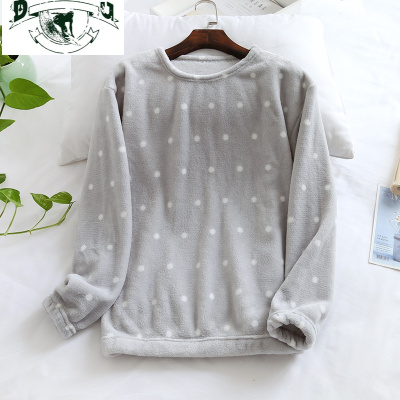 HLCOMAN睡衣女加厚上衣法兰绒圆点套头家居服秋冬圆领淑女甜美珊瑚绒长袖