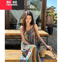 YIBUSHENG吊带连衣裙2024季新款复古风碎花度假气质无袖小个子长裙子女