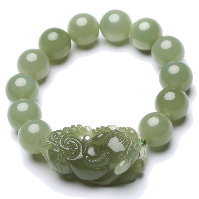 印象眸 和田玉浅青玉圆珠貔貅手串 男女款浅青色霸气貔貅玉石手链附送