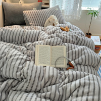 韩风条纹牛奶绒毛绒四件套秋冬保暖床单被套柔软珊瑚绒学生三件套