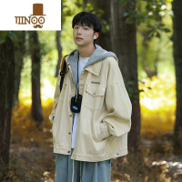 YANXU日系假牛仔外套男士潮牌工装连帽夹克宽松男生痞帅上衣服