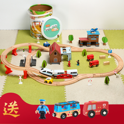 儿童木质滑行小火车轨道车玩具木制火车70片矿山套装拼装88件桶装轨道套装（送2个小车）官方标配