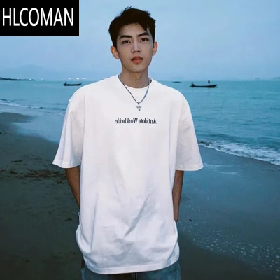 HLCOMAN美式简约字母短袖t恤男ins潮牌宽松正肩小领口白色上衣服