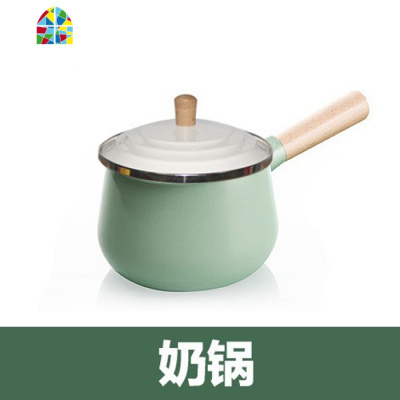 清新搪瓷锅汤锅双耳家用加厚两件套宝宝辅食锅珐琅锅带木柄小奶锅 FENGHOU 浅墨绿色20cm奶锅汤锅
