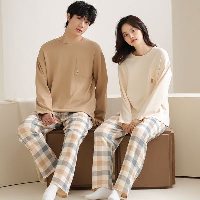情侣睡衣女春秋冬季棉质长袖长裤氛围感一男一女男士家居服套装