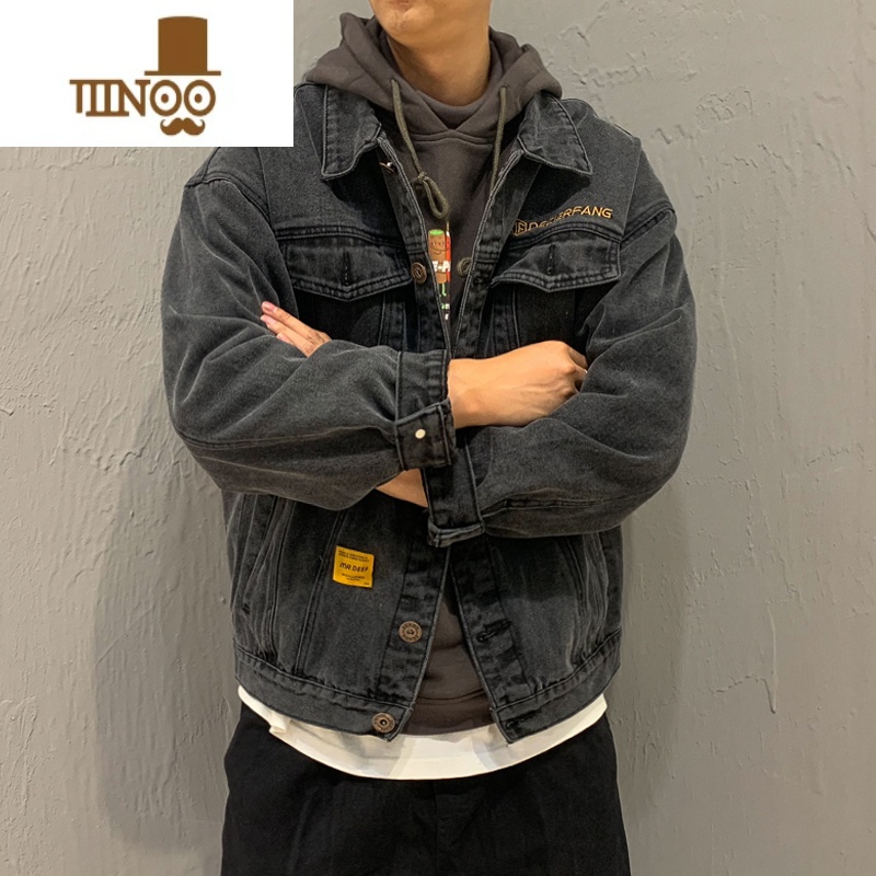 YANXU潮牌秋款工装牛仔外套男士韩版宽松百搭夹克男秋季刺绣翻领上衣服