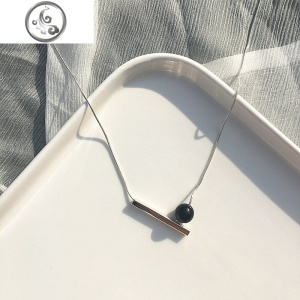 黑玛瑙几何一字蛇骨链项链女纯银潮网红简约气质小众锁骨链 JiMi 925纯银一字黑玛瑙项链