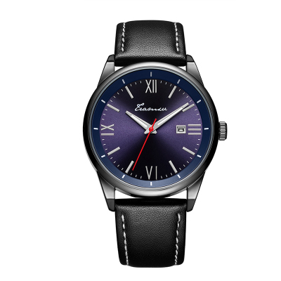 欢乐米奇&Tramxv2021新款男士手表时尚商务牛皮表带防水石英腕表送礼礼盒装深蓝色