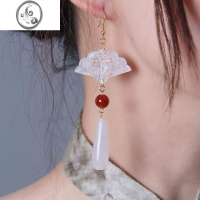 JiMi国风复古扇子白玉水滴耳环新中式新年旗袍配饰耳饰耳夹气质
