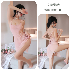 长夜漫漫情趣内衣性感网纱透视吊带睡衣女侧开叉火辣免脱睡裙2106