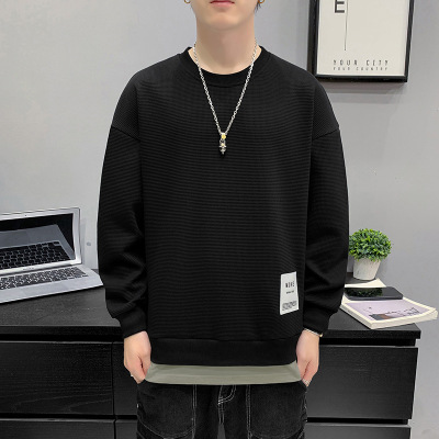 纯色卫衣男春秋季新款日系简约男士假两件打底衫华夫格外套