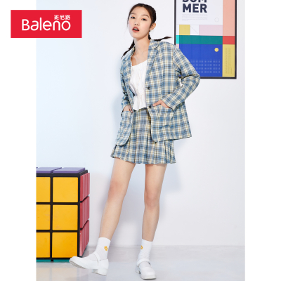 班尼路女装2021年春夏新款梭织格子休闲西装外套通勤单排扣西服