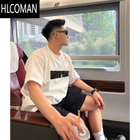 HLCOMANins潮牌小众字母短袖T恤男夏季白色慵懒风宽松小领口上衣