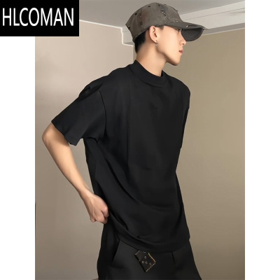 HLCOMAN黑色小领口正肩t恤男夏季新疆棉短袖cleanfit美式内搭半截袖