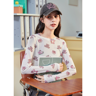 [3件8.5折42.4元,叠加优惠券]草莓熊联名唐狮新款网纱上衣设计感小众女圆领长袖T恤内搭xz