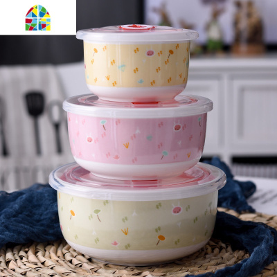 微波炉碗带盖面碗保鲜碗陶瓷三件套碗带盖饭碗套装 FENGHOU 动物(猫咪)送筷