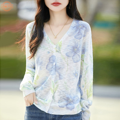 竹节麻复古印花长袖针织开衫女新款V领长袖空调衫披肩上衣外套