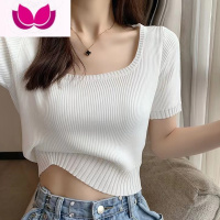 七斓大码白色短袖t恤女夏季胖mm方领短款针织衫胖妹妹遮肚子冰丝上衣