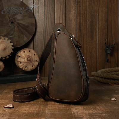 CCMVP品牌自营质量保证-CCMVP休闲品牌男士斜挎个性休闲牛角胸男牛皮单肩背日韩版潮疯马皮男