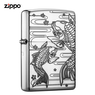 美国ZIPPO打火机芝宝黑漆两面雕刻一对鲤鱼好事成双年年有余烫金锦鲤男士礼品好事成双