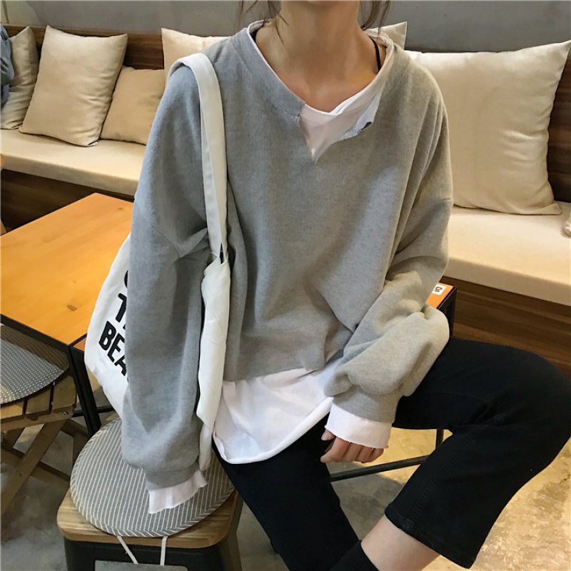 假两件含棉设计感宽松卫衣女秋冬薄款拼接打底衫文艺风长袖T恤女_929