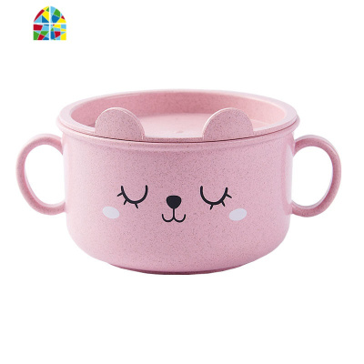 小麦秸秆带盖碗筷套装家用日式吃饭碗勺创意儿童餐具防摔塑料碗碟 FENGHOU [实惠套装]粉色碗+筷叉勺盒4件套