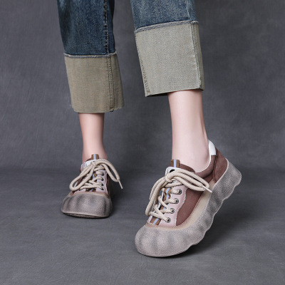 头层牛皮复古拼色厚底板鞋女2025春季新款舒适百搭休闲真皮单鞋