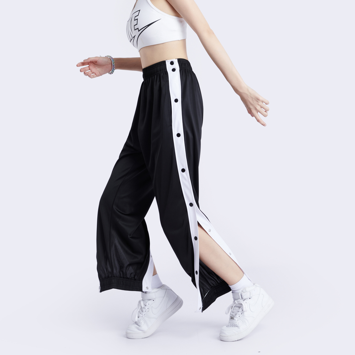 排扣裤休闲运动裤女夏季宽松束脚高街嘻哈美式篮球排扣裤全开扣