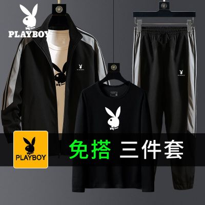 精品特卖-花花公子PLAYBOY爸爸秋装套装男春秋季中年运动套装中老年男士夹克外套男