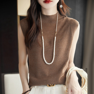 春夏季新款网纱拼接背心打底衫女半高领薄款羊毛镂空无袖针织T恤