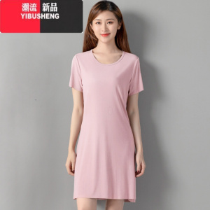 YIBUSHENG莫代尔短袖连衣裙女大码圆领薄款裙子胖mm中长款黑色睡裙打底裙