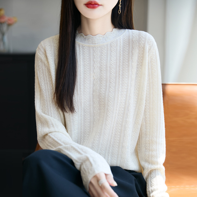 秋冬新款女式半高领精纺羊毛针织打底衫清新甜美风花边领舒适内搭