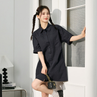 唐狮翻领工装短袖连衣裙新款女夏季黑色衬衫连衣裙气质百搭裙子r