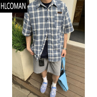 HLCOMAN美式复古短袖格纹休闲衬衫男女夏季宽松慵懒风百搭情侣衬衣外套潮