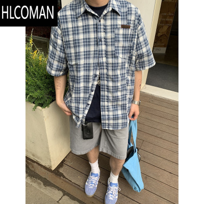 HLCOMAN美式复古短袖格纹休闲衬衫男女夏季宽松慵懒风百搭情侣衬衣外套潮