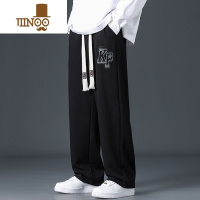 YANXU休闲裤子男士2023新款秋季印花运动裤黑色宽松直筒垂感阔腿长裤男
