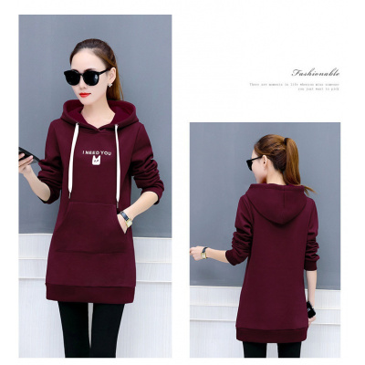 秋冬新款韩版女装套头宽松大码学生连帽中长款加绒刺绣卫衣女
