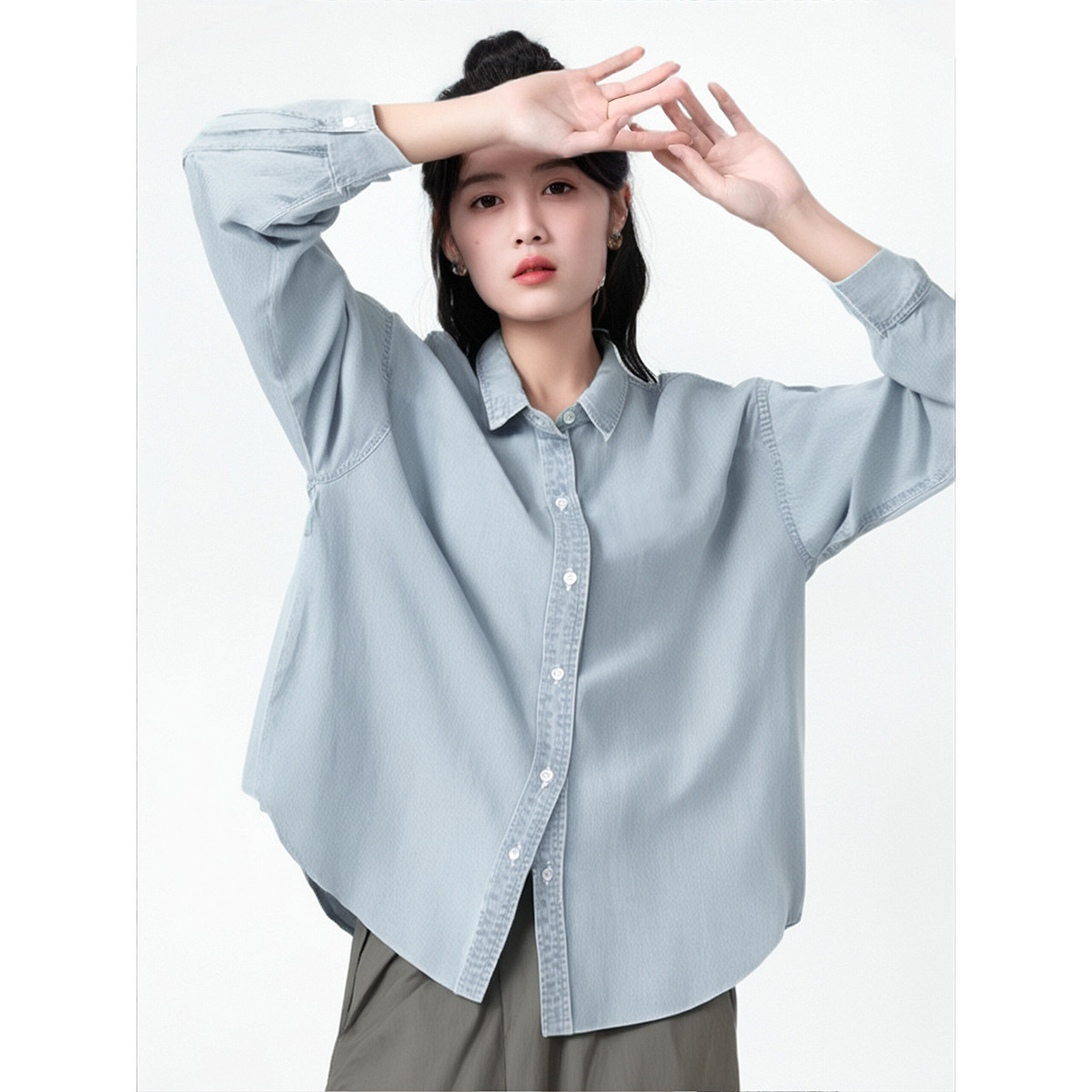 [2.5折价120元]唐狮春季女翻领牛仔衬衫个性洋气港风通勤外套时髦