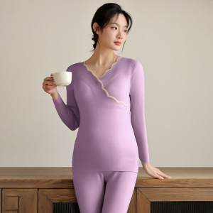 孕妇德绒保暖内衣孕期免穿文胸打底上衣产后哺乳秋衣秋裤套装秋冬
