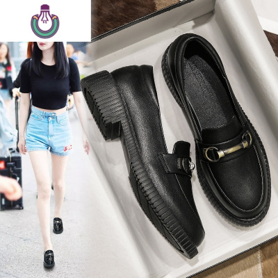 FISHBASKET皮小皮鞋女冬季英伦风加绒软皮豆豆舒适厚底黑色平底软底乐福鞋休闲鞋