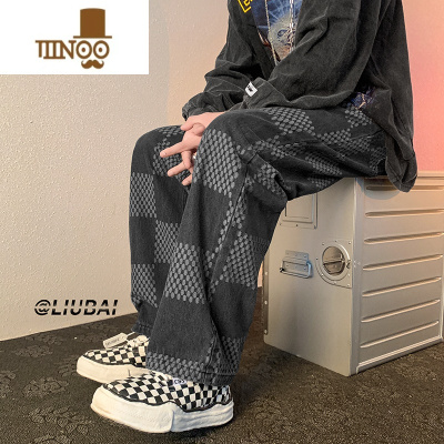 YANXU格子直筒牛仔裤男夏季美式vibe痞帅休闲长裤潮牌宽松阔腿拖地裤子