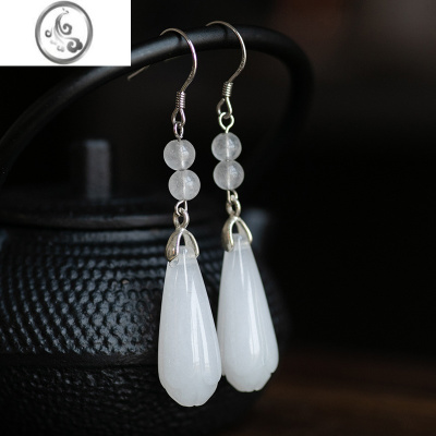 JiMi白玉玉兰花耳环玉髓石水晶耳坠银银耳钩防过敏古风女耳饰长款