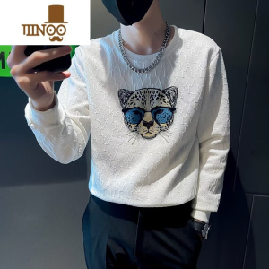 YANXU华夫格卫衣T恤男新款白色圆领体恤男士内搭长袖打底衫秋装