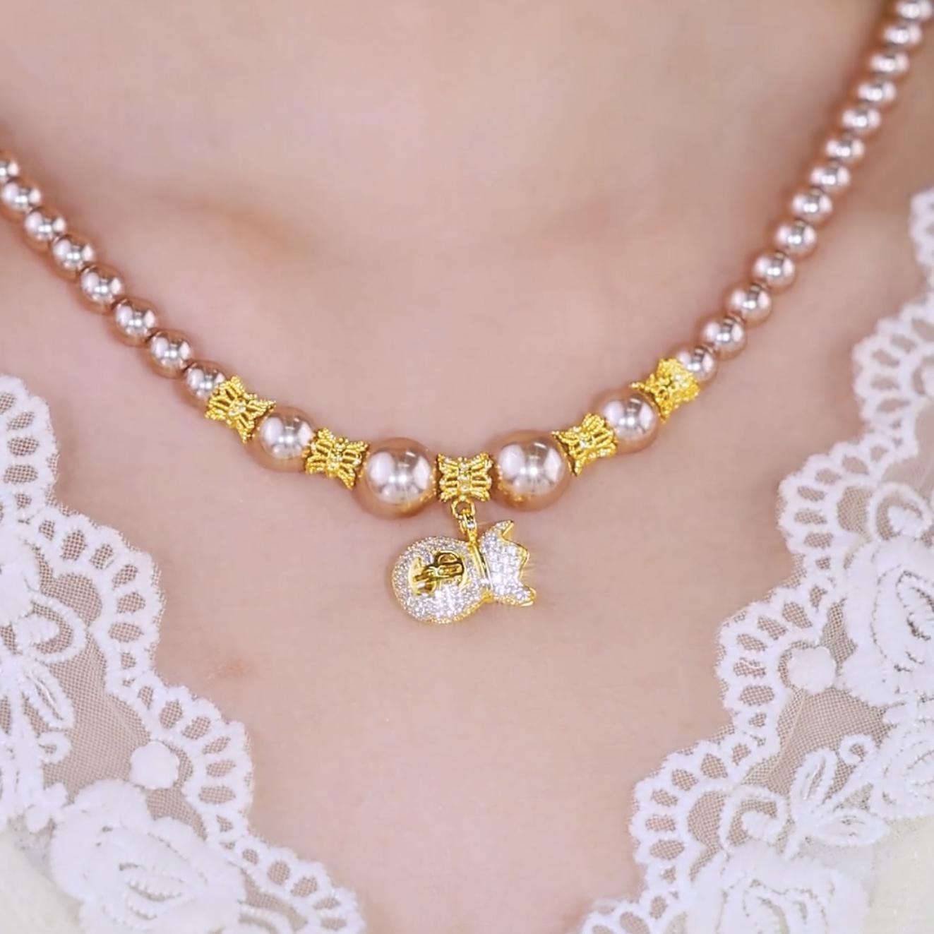 香槟色福袋珍珠项链女时尚百搭气质代代有福吊坠高级感毛衣链配饰送女朋友老婆情人节七夕生日礼物