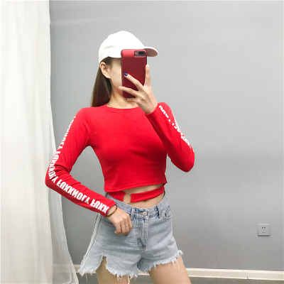 珂卡慕(KEKAMU)2020春高腰短款露脐小心机上衣爵士舞紧身打底衫漏肚脐长袖T恤女红色S