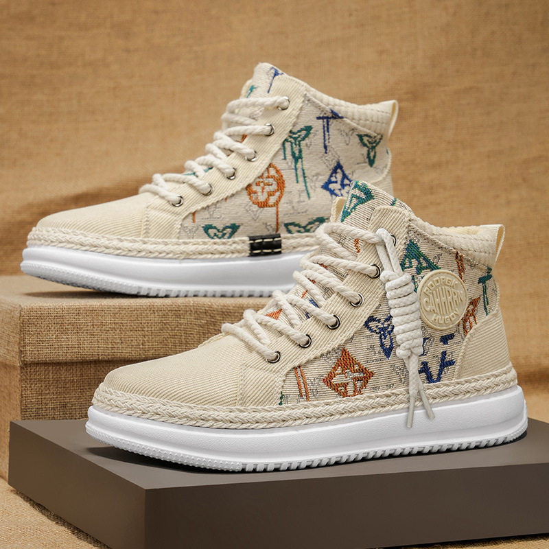 透气灯芯绒滑板鞋高帮厚底增高运动风休闲鞋秋冬季男鞋青年潮鞋子