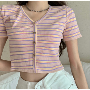 复古欧美ins辣妹条纹T恤女夏季新款显瘦v领短款高腰修身短袖上衣