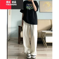 YIBUSHENG日系卡其色裤子季女2024新款港风复古休闲裤阔腿宽松直筒工装裤